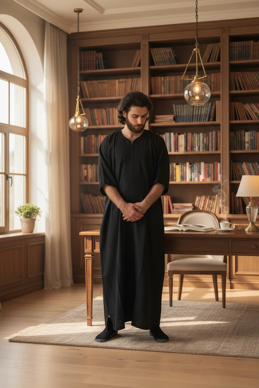 Khayr Thobes black traditional Islamic thobe robe with embroidered neckline and side slits, worn by a man.