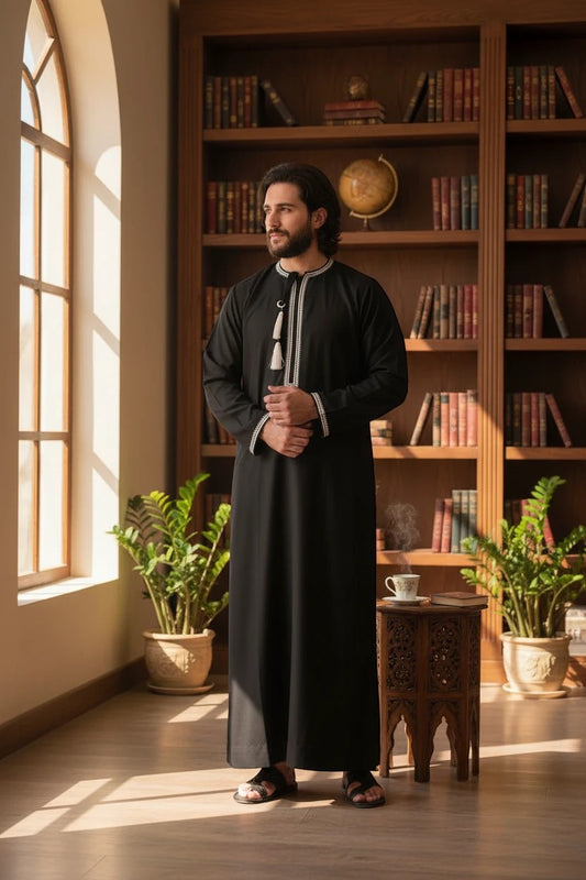 Khayr Thobes black Omani thobe with white embroidered neckline, cuffs, and tassel detail.