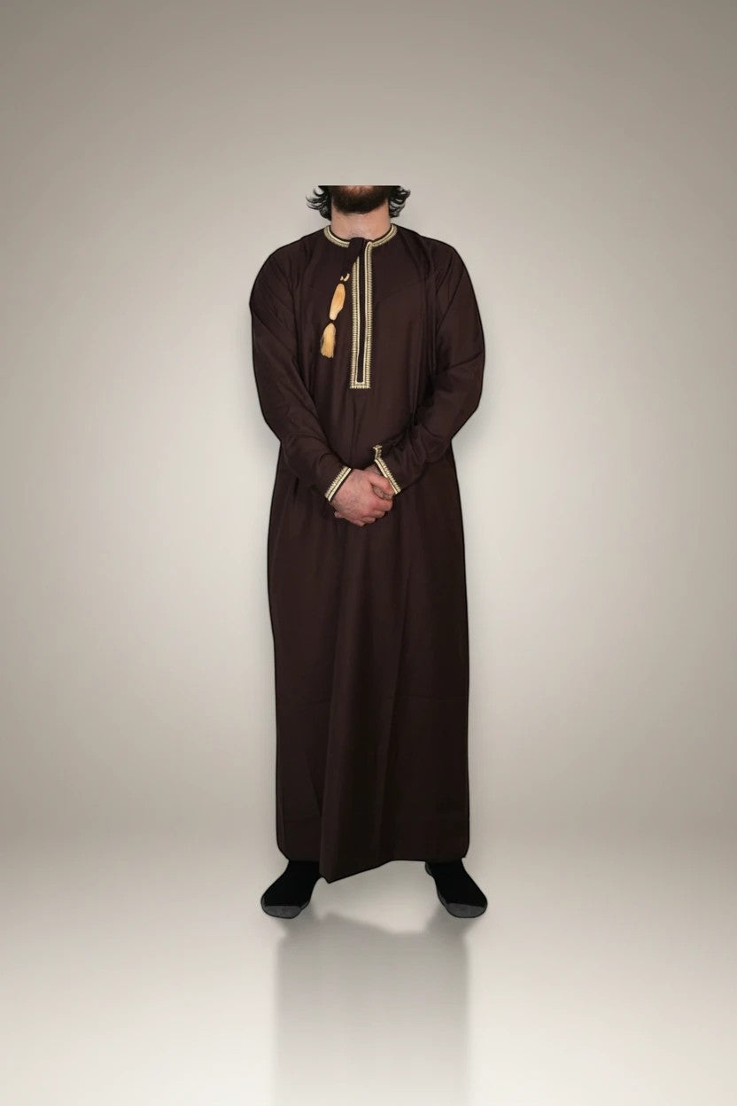 Khayr Thobes men's brown thobe jubba with gold embroidery and tassels. Long sleeves, round neck.