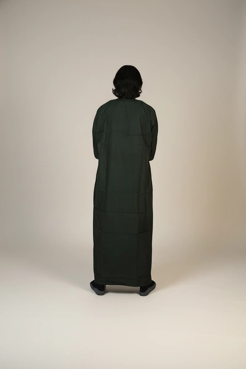 Khayr Thobes Men's Traditional Thobe Robe in deep forest green, lightweight fabric, relaxed fit, full length, with tonal embroidery.