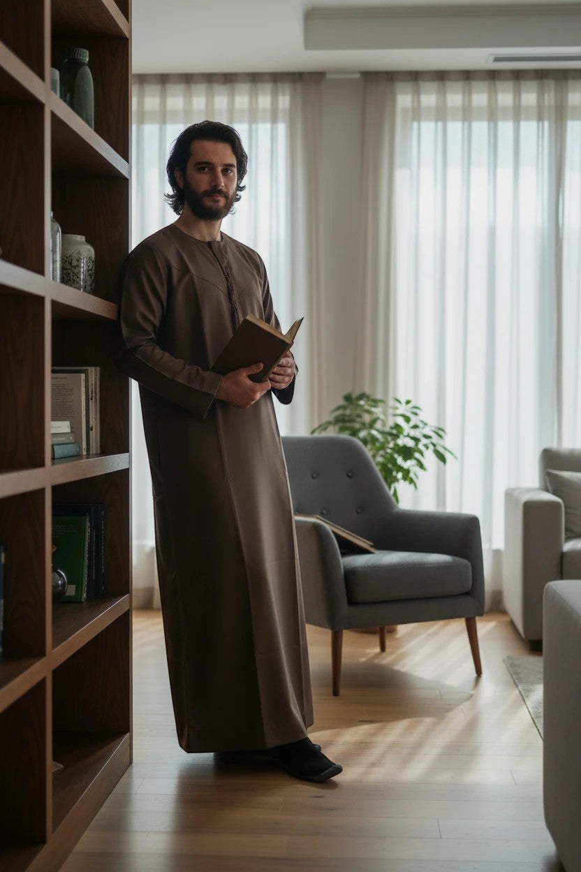 Khayr Thobes traditional brown long sleeve thobe with round neckline and subtle button detailing.
