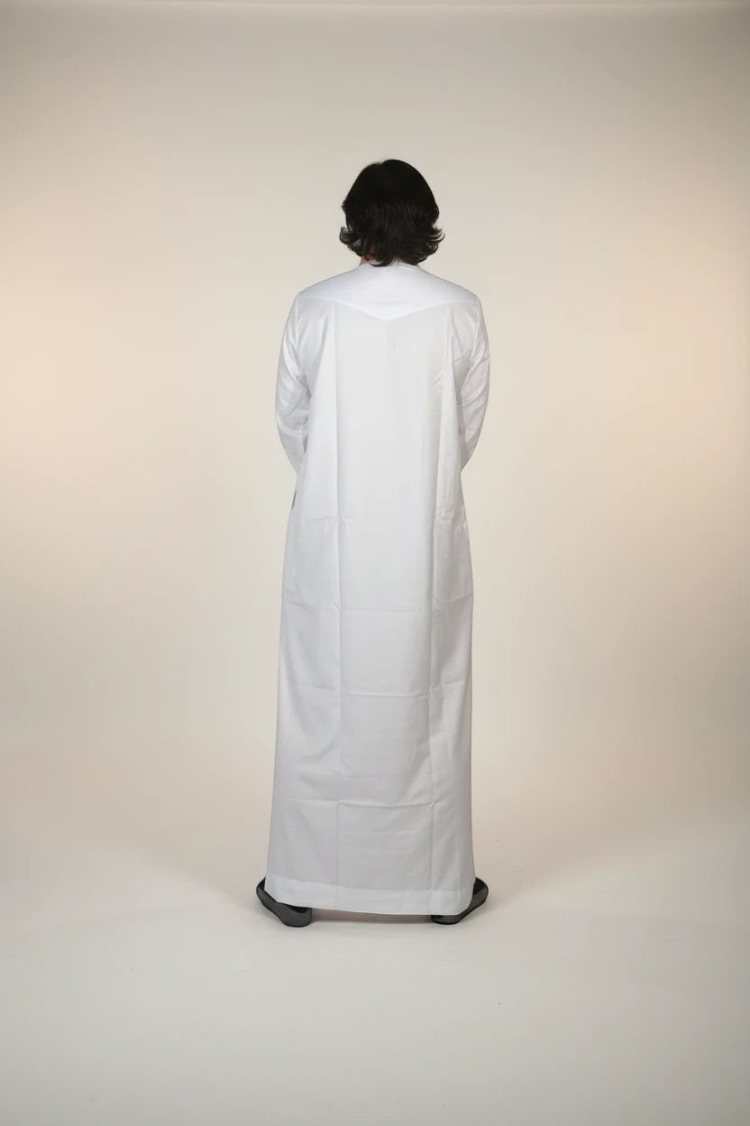 Khayr Thobes traditional white men's thobe, long sleeves, full length, classic design.